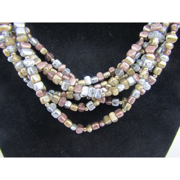 Brown Silver Multi Strand Beaded Necklace Boho Cottagecore Collar Choker Chic - Picture 2 of 7